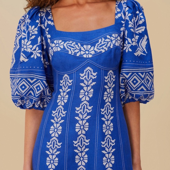 FARM Rio Blue Tropical Cross Stitch Euroflax™ Premium Linen Mini Dress Size XLTR - Picture 2 of 3